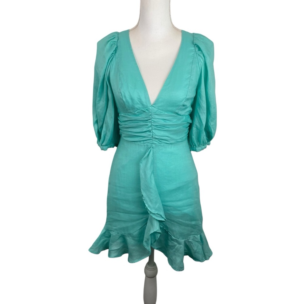 Bardot | Aura Aqua Green Ruffle Deep V Neck Mini Dress